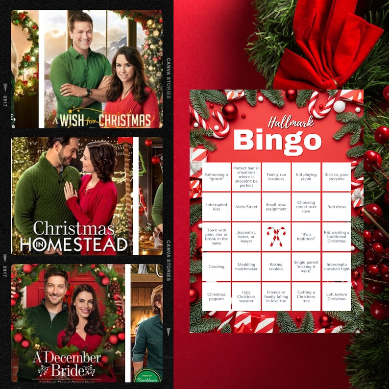 Hallmark Countdown to Christmas Movie Bingo candy Cane Holiday Game