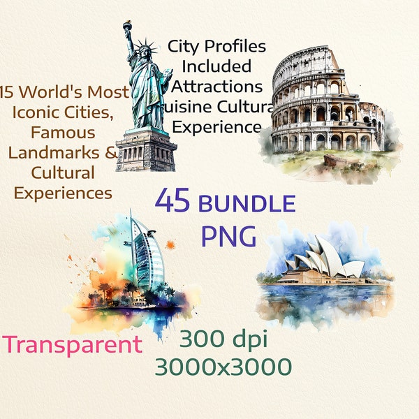 Travel Landmarks Clipart Bundle, Famous Cities attractions, illustrations digital PNG download commercial use travelling Vacation Template