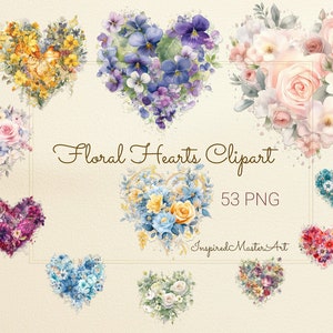 Bundle de Clipart coeurs floraux, coeur de fleur, illustrations de la Saint-Valentin de la fête des mères numérique 53 PNG téléchargement utilisation commerciale