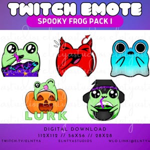 Puede incluir: Un conjunto de cinco emoticonos digitales de Twitch con ranas espeluznantes en varios disfraces de Halloween. Los emoticonos incluyen una rana con un sombrero de bruja, una rana sosteniendo una caldera, una rana vestida de fantasma, una rana sosteniendo una calabaza y una rana con cuernos de diablo. El texto "Lurk" está escrito debajo de la rana que sostiene una calabaza. El texto "TWITCH EMOTE SPOOKY FROG PACK I" está en la parte superior de la imagen. El texto "DIGITAL DOWNLOAD 112X112 // 56X56 // 28X28" está en la parte inferior de la imagen.