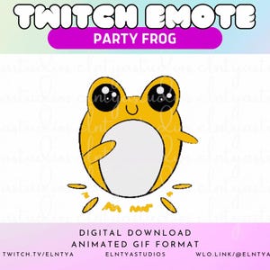 May include: Animated Twitch emote featuring a yellow frog with big eyes and a happy expression. The frog is dancing with its arms outstretched and has a white belly. The background is white with a pink and purple gradient at the bottom.