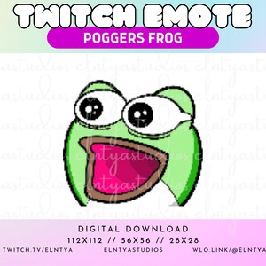 May include: A green frog with wide eyes and an open mouth, pixelated in a cartoon style. The frog is green with a pink mouth and black eyes. The text "POGGERS FROG" is above the frog.