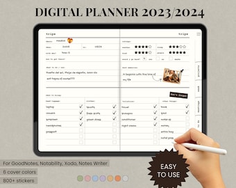 May include: A digital planner app interface for 2023 and 2024. The screen shows a trip planner page with a checklist for packing and a section for rating the trip. The text "EASY TO USE" is visible in the bottom right corner.