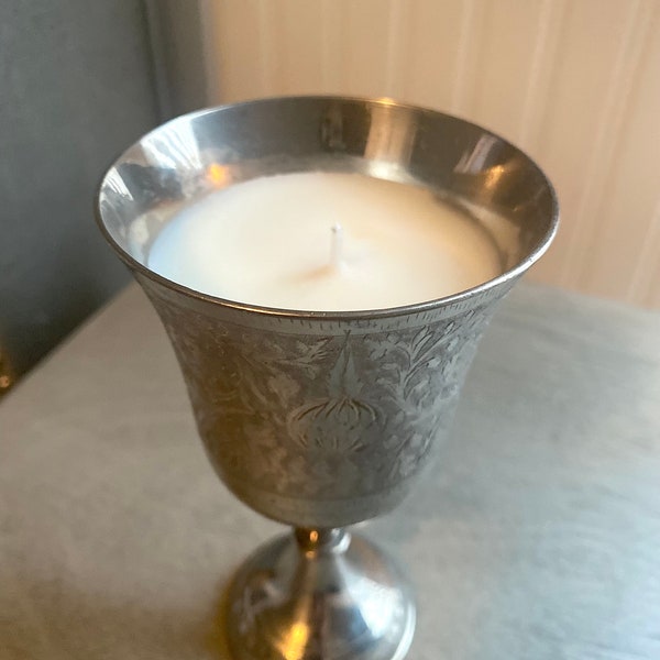 Vintage silver plated chalice goblet with hand-poured green tea candle.