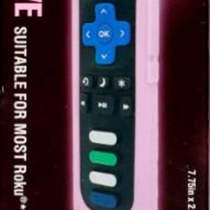 May include: A glow in the dark remote sleeve for Roku remote controllers, colored light pink with a matching wrist strap. The packaging displays the text GLOW IN THE DARK REMOTE SLEEVE and dimensions of 7.75in x 2.00in x 0.75in.