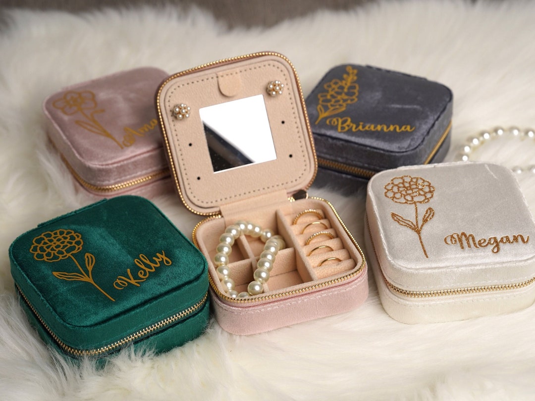 Bridesmaid Jewelry Box Travel Velvet Jewelry Box / Birth Flower Jewelry