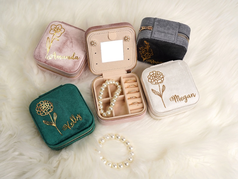 Bridesmaid Jewelry Box Travel Velvet Jewelry Box / Birth Flower Jewelry