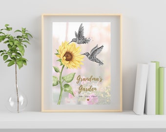 Personalized Grandma's Garden Print: Hummingbird & Flowers (Digital Download)