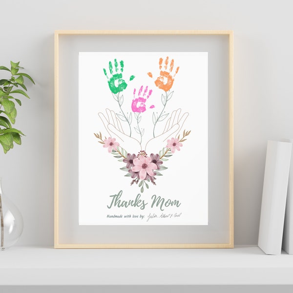 Mother's Day Handprint Craft Personalized Floral Bouquet Art  Printable gift Custom Family Keepsake Children's Activity for thanks Mom