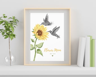 Personalized Flower Mom Print: Hummingbird Illustration (Digital Download)