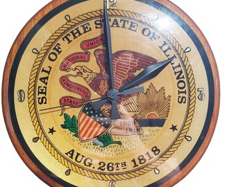 Wall Clock 1986 Wooden Handmade Seal of the State of Illinois "Signed" Vintage