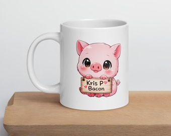 Kawaii Pig Mug, "Kris P Bacon" Pun, Funny Anime Coffee Cup