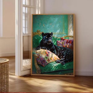 Luxury Black Panther Wall Art | Elegant Big Cat Portrait | Jungle Animal Décor | Panther Sitting on Vintage Couch | Dark  Aesthetic Print