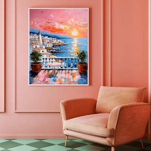 Mediterranean Sunset Print: Coastal Balcony, Lighthouse View (Digital Download)