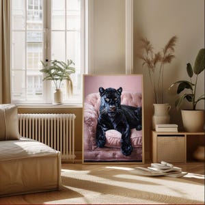 Luxury Black Panther Wall Art | Animal Portrait on Pink Sofa | Bold Big Cat Décor | Modern Jungle Aesthetic | Panther Print for Living Room