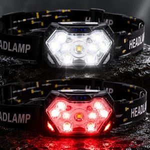 Op de afbeelding: Twee zwarte hoofdlampen met verstelbare elastische banden voorzien van de tekst HEADLAMP in witte letters. De bovenste unit straalt helder wit licht uit via meerdere ledlampen, terwijl de onderste unit een felrood licht uitstraalt.