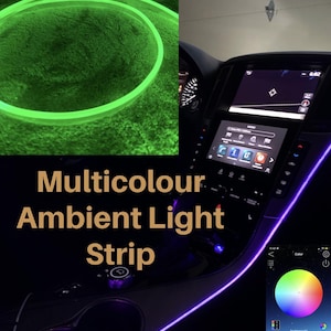 May include: Multicolour ambient light strip for car interiors. The strip is purple and is connected to a USB port. The strip can be controlled with a smartphone app, which is shown in the image. The app allows you to change the colour of the light strip and adjust the brightness.