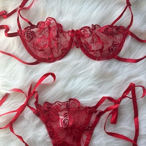 Red Floral Lace Lingerie Set – Sheer Lace Bra and Panties | Sexy Lingerie for Women, Valentine’s Day Gift, Boudoir Lingerie, Bridal Set