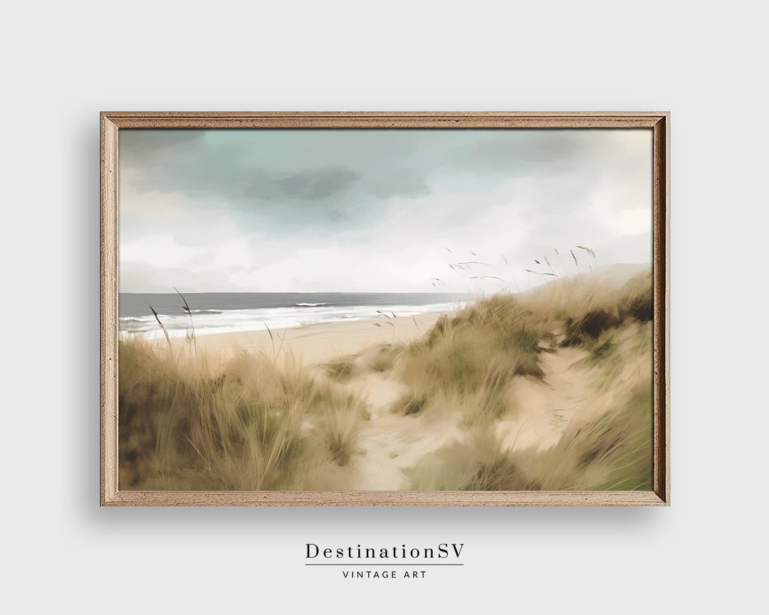 Vintage Coastal Painting, Muted Vintage Coastal Art Print, Neutral