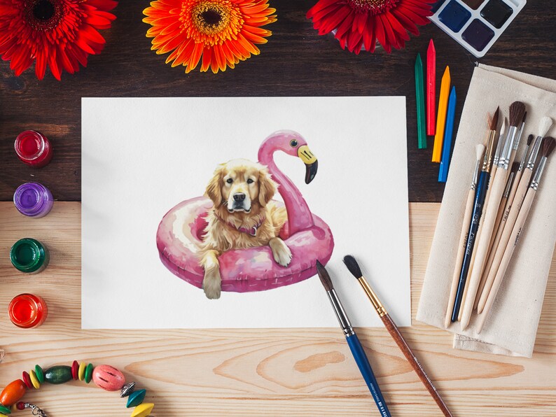 Golden Retriever Summer Watercolor Clipart Instant Download Dog PNG 