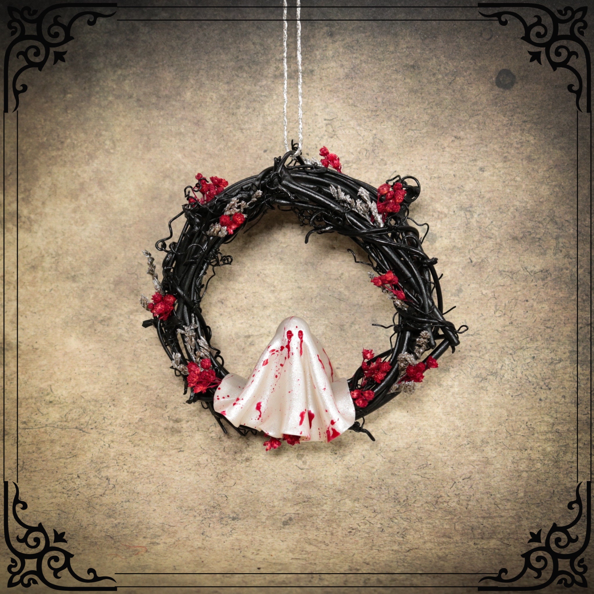 Mini 3” Grapevine Wreath Ornament With Clay Bloody Mary Ghost