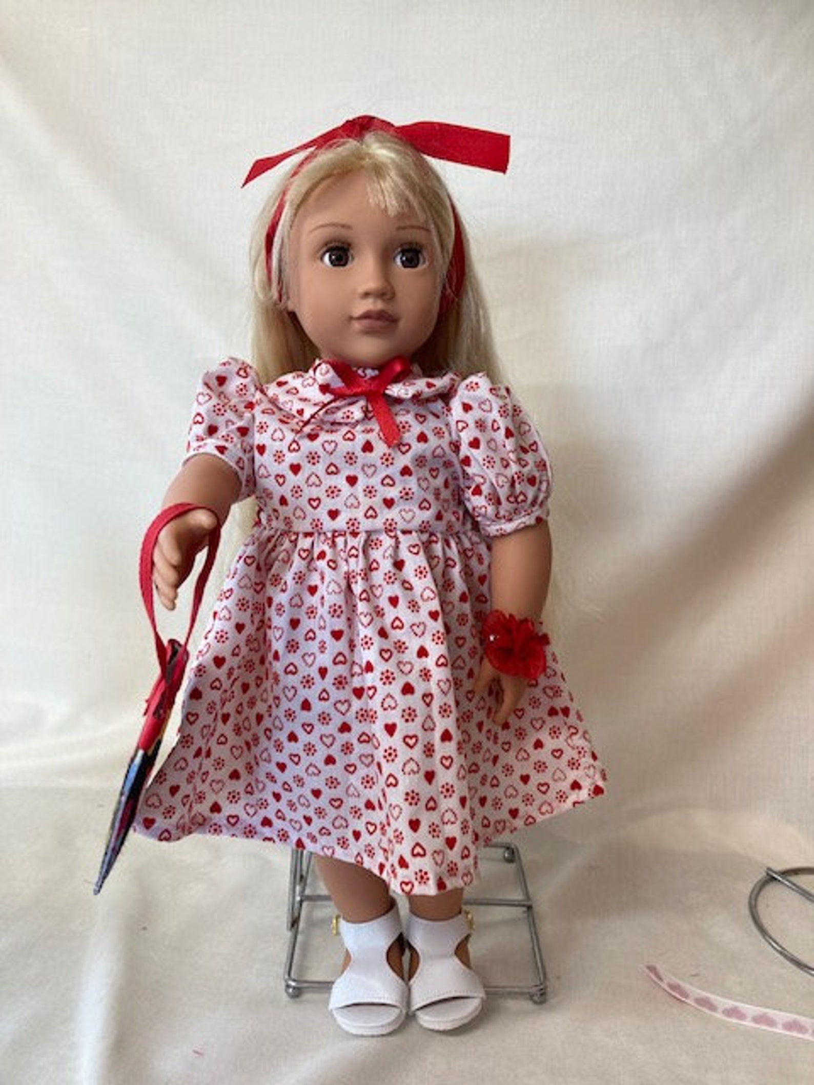 Red Heart Dress, White Sandals, Ribbon for Hair, School Bag. Fits 18