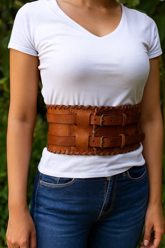 Handmade Wide Leather Corset Belt: Vintage Brown Steampunk  display picture 2