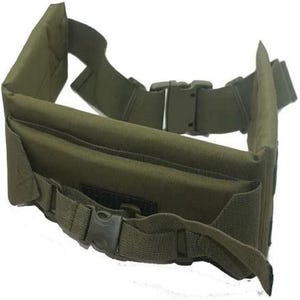 May include: An olive green tactical belt with multiple compartments and adjustable straps. It features a quick-release buckle and smaller buckles for secure fastening. Designed for carrying gear and accessories.