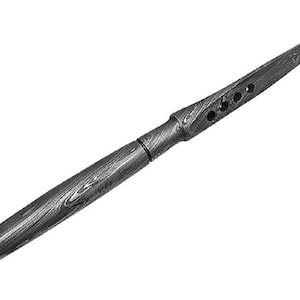 May include: A spear with a long, pointed blade and a wooden handle. The blade has a series of circular holes near the top. The handle and blade have a wood grain pattern. The spear is a dark gray color.