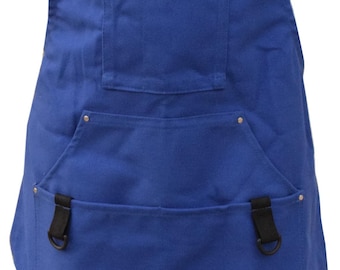 Heavy Duty Blue Waxed Canvas Apron: Leather Straps, Utility Pockets