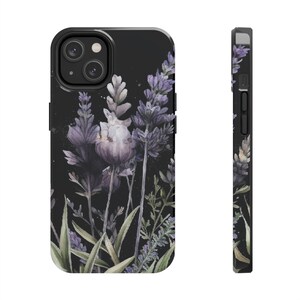 May include: A black phone case with a watercolor design of purple lavender flowers on a black background.