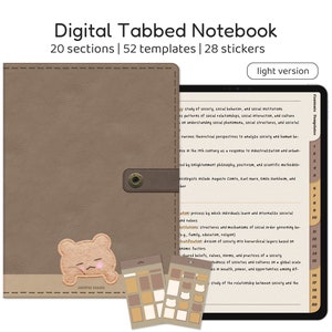 May include: A digital notebook with a brown leather cover and a light brown digital screen. The screen shows a list of 20 sections with the text "Contents Templates" at the top. The notebook has 52 templates and 28 stickers. The text "light version" is at the top of the image.