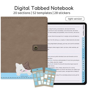Cute Digital Notebook with Tabs, Kawaii Cat, Portrait Mode, 20 Section Notebook, Student Study Notebook, Blank Lined Grid Dotted Templates