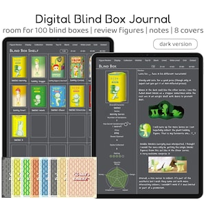 May include: A digital journal for tracking blind box collections. The journal has a dark background with a grid of squares for displaying figures. The journal also includes a section for notes and reviews. The cover of the journal features a green and yellow blind box with a small figure inside. The text "BLIND BOX" is printed on the box. The journal is designed to hold up to 100 blind boxes.