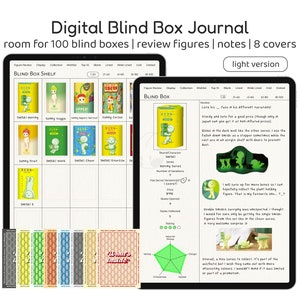 May include: A digital journal for tracking blind box collections. The journal has a light green cover with a cartoon character on it. The journal has a grid layout with space for 100 blind boxes. The journal also has space for notes and reviews. The journal has 8 different covers.