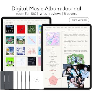 Puede incluir: Un diario digital de álbumes de música con un esquema de color rosa claro y blanco. El diario tiene una cuadrícula de portadas de álbumes, una sección para letras y reseñas, y un sistema de calificación. El texto en la pantalla dice "Digital Music Album Journal room for 100 | lyrics | reviews | 8 covers light version".