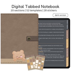 May include: A digital notebook with a brown leather cover and a dark gray interior. The notebook has 20 sections, 52 templates, and 28 stickers. The text "Digital Tabbed Notebook" and "dark version" is visible on the cover.