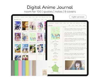 May include: A digital journal for anime fans with a light blue cover. The journal has a list of anime titles, a section for notes, and a rating system. The text on the cover reads "Digital Anime Journal, room for 100 | quotes | notes | 8 covers, light version".