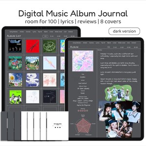 Puede incluir: Un diario digital de álbumes de música gris oscuro con una cuadrícula de portadas de álbumes, una lista de álbumes y una sección de reseñas. El diario está diseñado para albergar hasta 100 álbumes. El texto "dark version" se muestra en un rectángulo blanco en la parte superior de la pantalla.