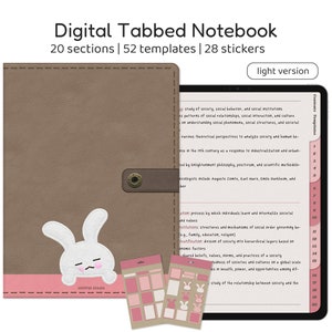 Cute Digital Notebook with Tabs, Kawaii Bunny, Portrait Mode, 20 Section Notebook, Student Study Notebook, Blank Lined Grid Dotted Templates