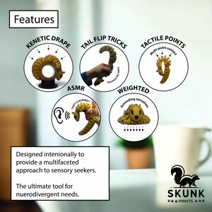 May include: An image showcasing sensory tools with the text "Features." The tools include a ring, a curved shape, and a textured animal-like shape. The text describes the features as "Kinetic Drape," "Tail Flip Tricks," "Tactile Points," "ASMR," and "Weighted."