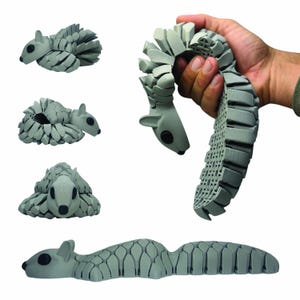 May include: A gray, articulated squirrel toy in various poses. The toy is made of interlocking segments, allowing it to bend and flex. The squirrel has black eyes and a detailed, textured surface. One image shows the toy being held in a hand.