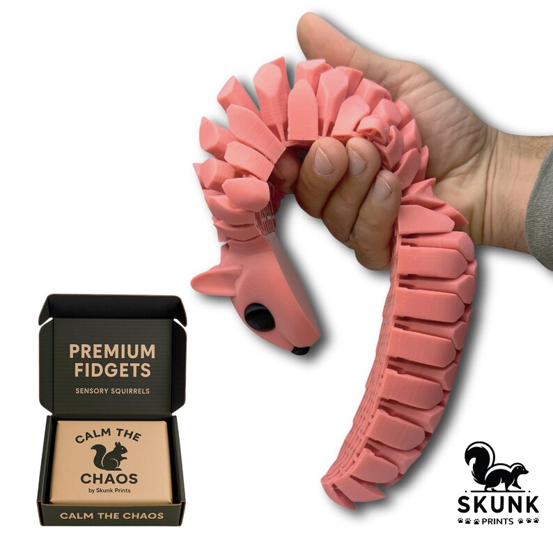 Collection of Sensory Squirrel fidget toys shown in nine different colors, arranged side by side on a tabletop. Each squirrel is full-size with a flexible articulated body, making it a standout desk fidget toy. Ideal for gifting, collecting, or sensory play, these realistic squirrels offer stress relief and calming tactile engagement for adults.