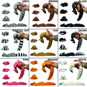 May include: A collection of colorful, segmented toy animals, including a squirrel and a snake-like creature, in various colors such as grey, brown, black, pink, and orange. The toys are held in a hand, and also shown in a curled position.