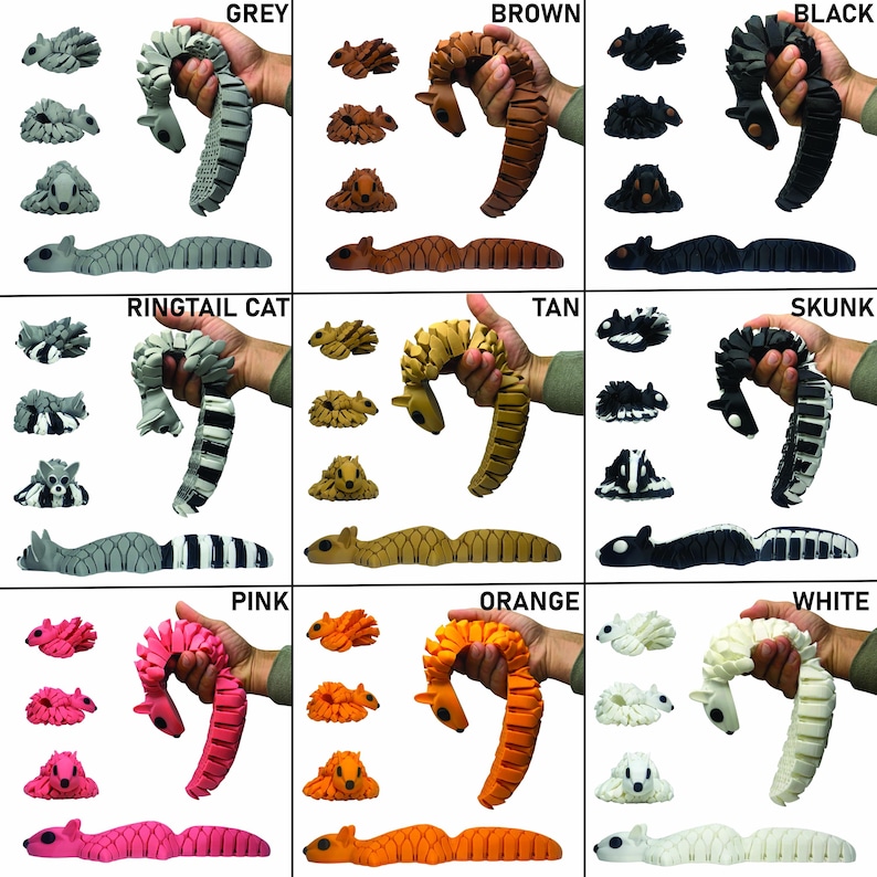 May include: A collection of colorful, segmented toy animals, including a squirrel and a snake-like creature, in various colors such as grey, brown, black, pink, and orange. The toys are held in a hand, and also shown in a curled position.