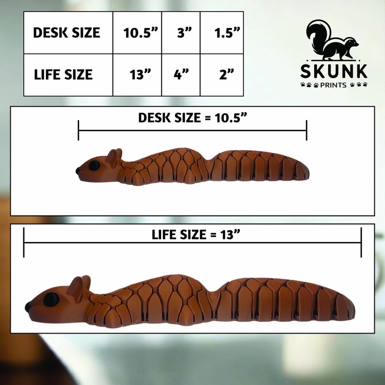 May include: A brown squirrel-shaped desk accessory, with dimensions of 10.5" x 3" x 1.5" for the desk size and 13" x 4" x 2" for the life size. The image includes the text "DESK SIZE" and "LIFE SIZE" with corresponding measurements.