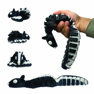 May include: Black and white articulated toy skunk in various poses. The toy is made of flexible, segmented pieces, allowing it to be posed in different positions. The skunk has a white stripe down its back and white accents on its face.