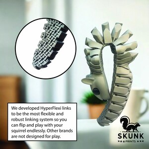 May include: A gray, articulated squirrel toy with a flexible, segmented body. The toy has a detailed head and tail, and the text "SKUNK PRINTS" is visible. The image also includes a close-up of the flexible links and the text: "We developed HyperFlexi links..."