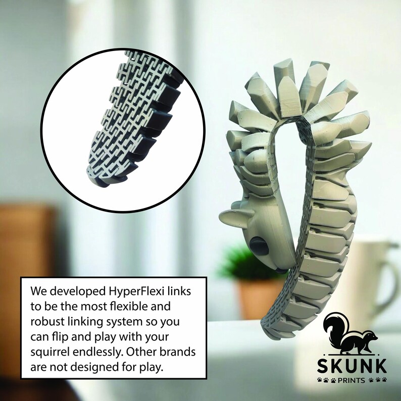 May include: A gray, articulated squirrel toy with a flexible, segmented body. The toy has a detailed head and tail, and the text "SKUNK PRINTS" is visible. The image also includes a close-up of the flexible links and the text: "We developed HyperFlexi links..."