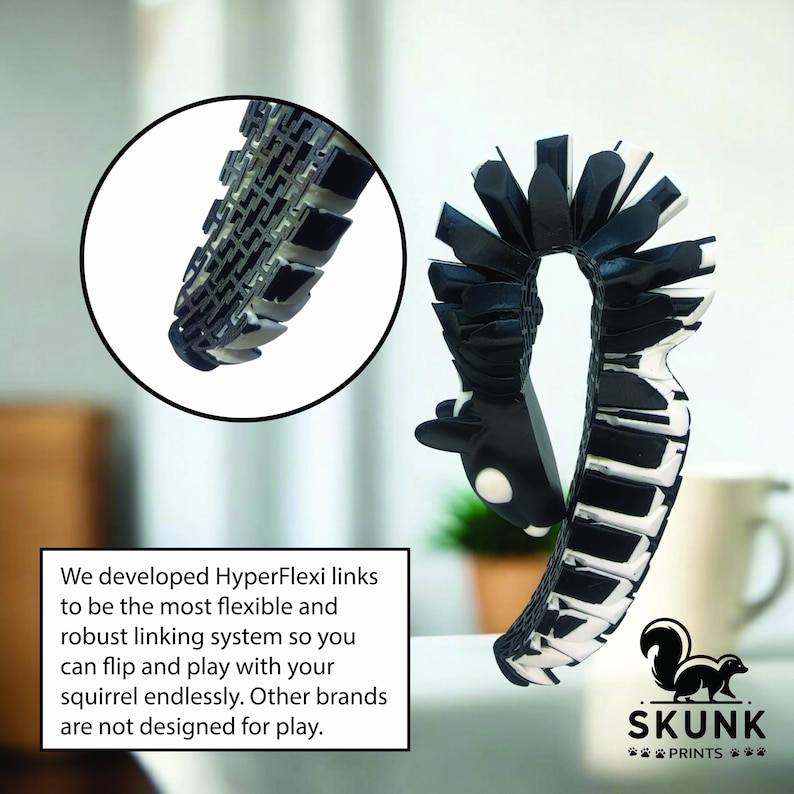 May include: A black and white toy with a flexible, segmented design, featuring a close-up of the linked segments in a circular inset. The text reads "We developed HyperFlexi links..." and the Skunk Prints logo is visible.